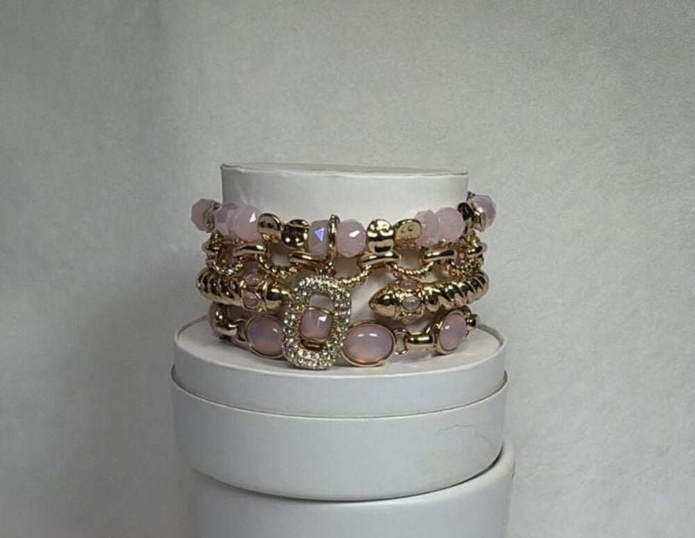 BP She's Regal & Dazzling Stack Pink Beads & Genuine Mother of Pearl Gold